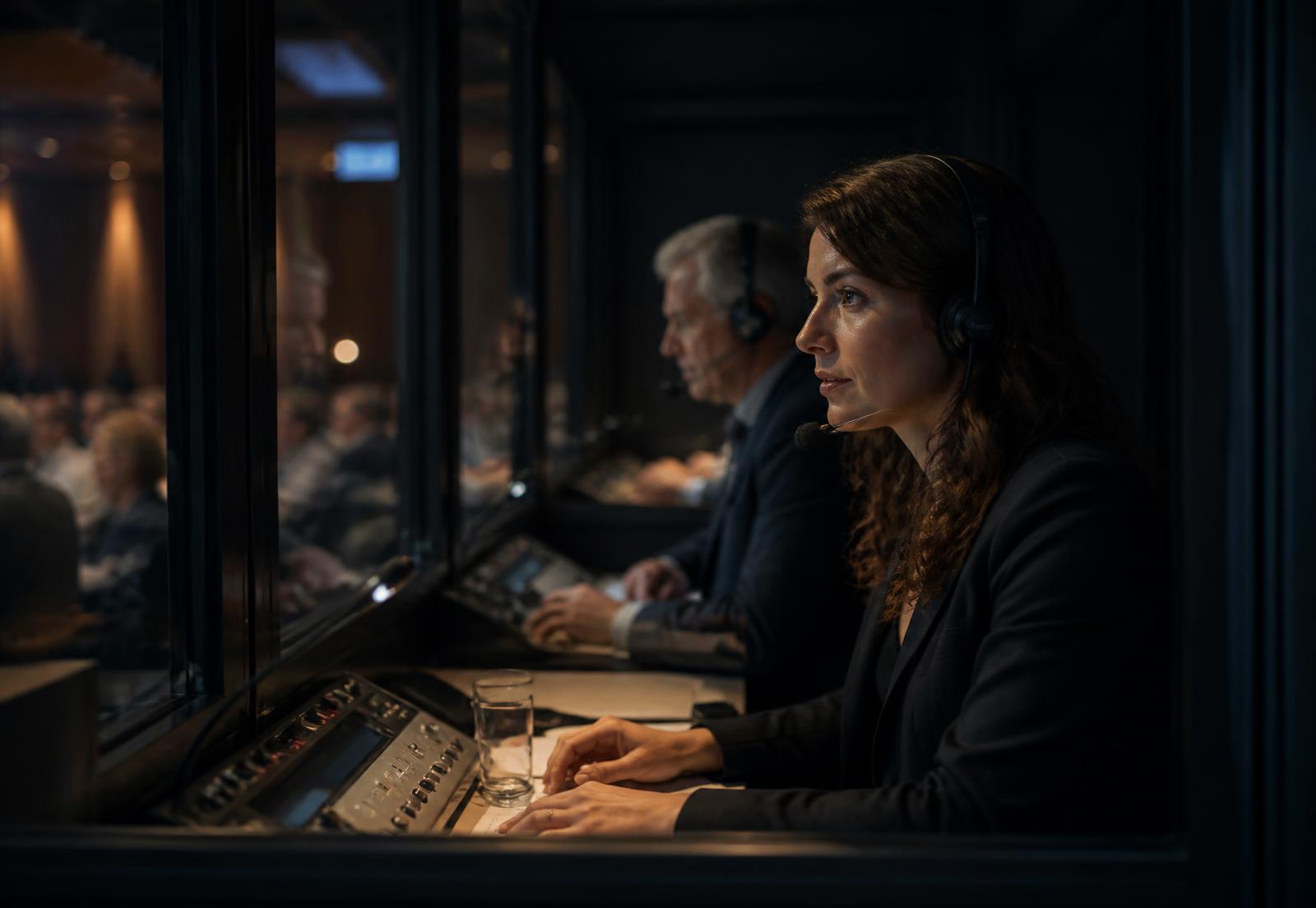 Two conference interpreters working at consoles inside an interpretation booth